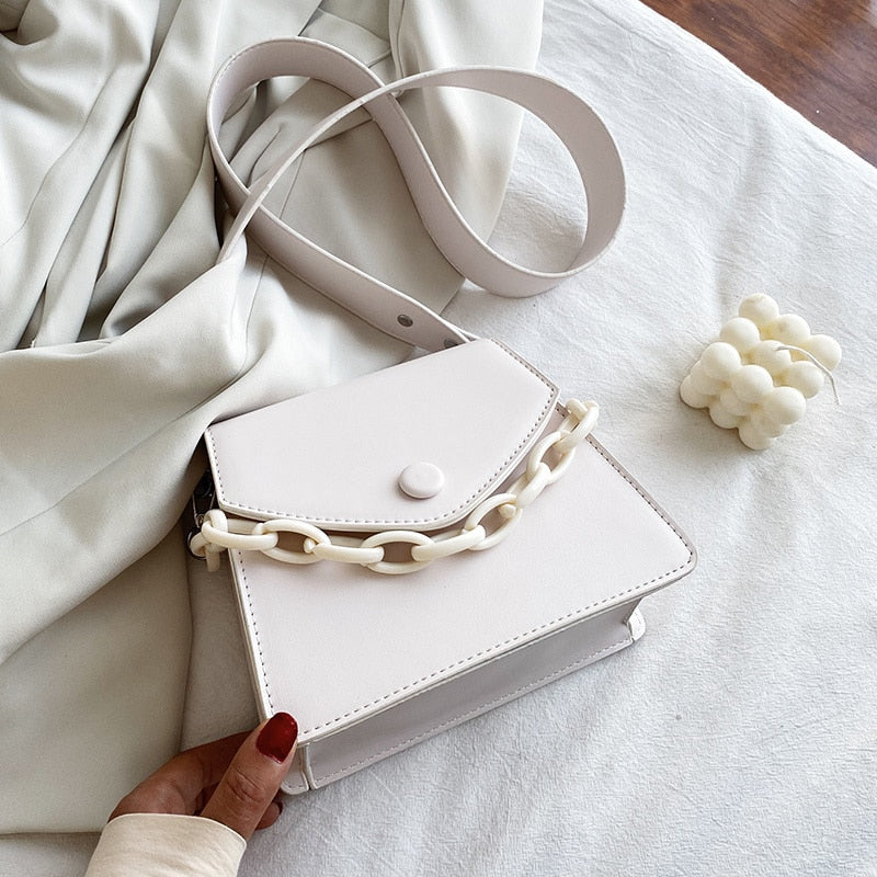 Solid Color Thick Chain Small PU Leather Crossbody Bags For Women Summer Shoulder Cross Body Bag Ladies Handbags