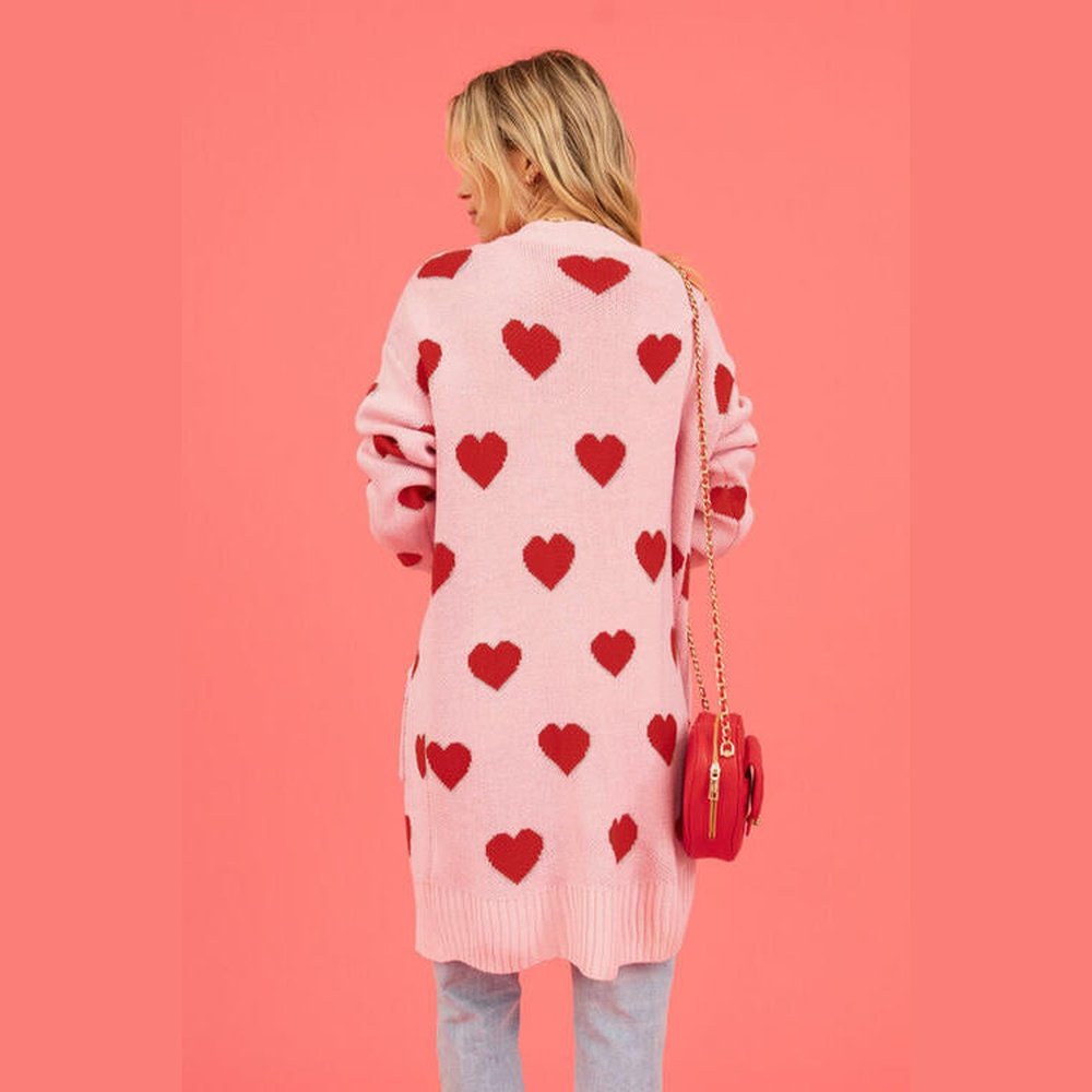 Heart Graphic Open Front Cardigan with Pockets