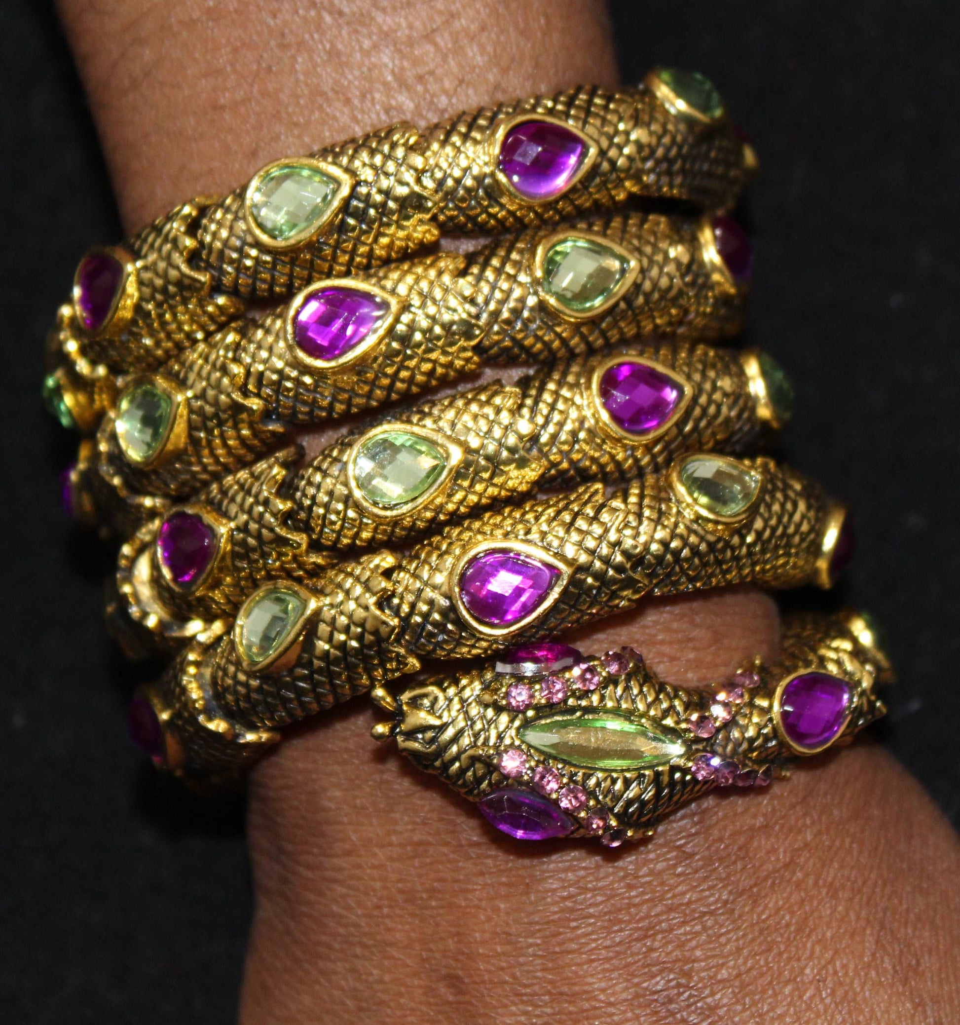 Snake Bracelet w/ Dark Gold Purple Green Stones