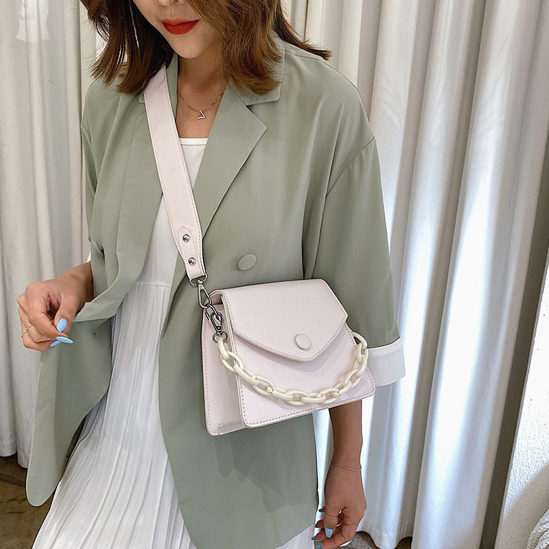 Solid Color Thick Chain Small PU Leather Crossbody Bags For Women Summer Shoulder Cross Body Bag Ladies Handbags