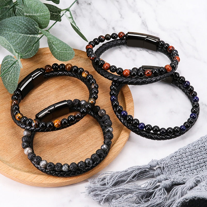 Volcanic Natural Stone Tiger Eye Beaded Bracelet Male Cowhide Rope Agate
