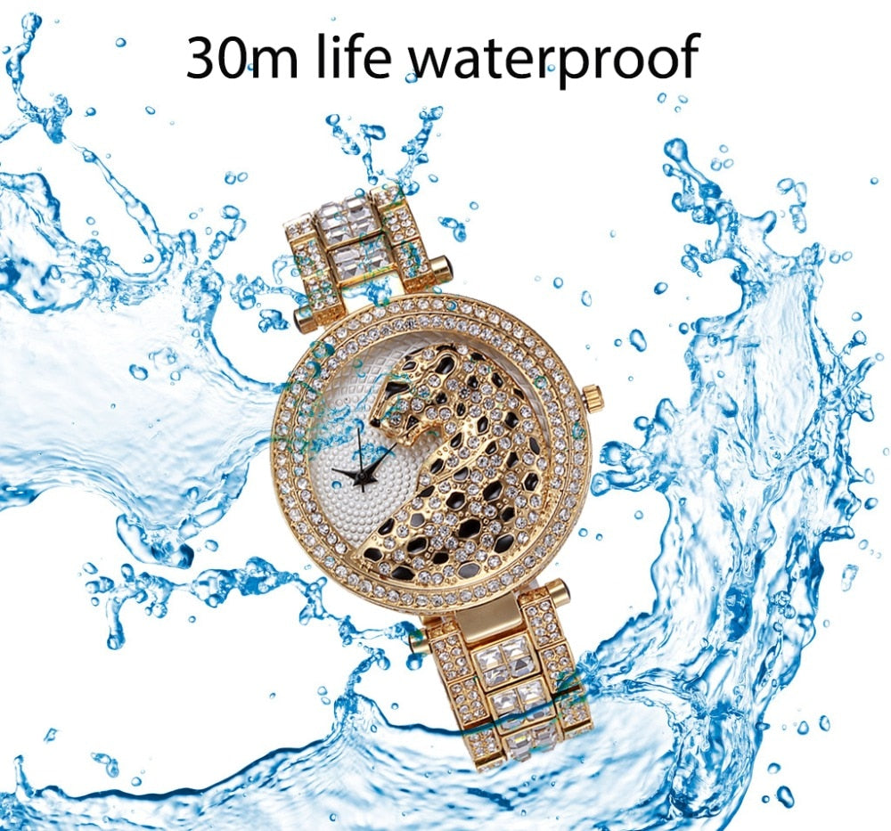 Diamond Leopard Crystal Quartz Gold Watch  For Women