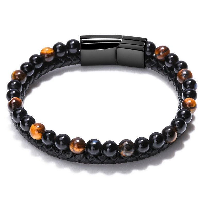 Volcanic Natural Stone Tiger Eye Beaded Bracelet Male Cowhide Rope Agate