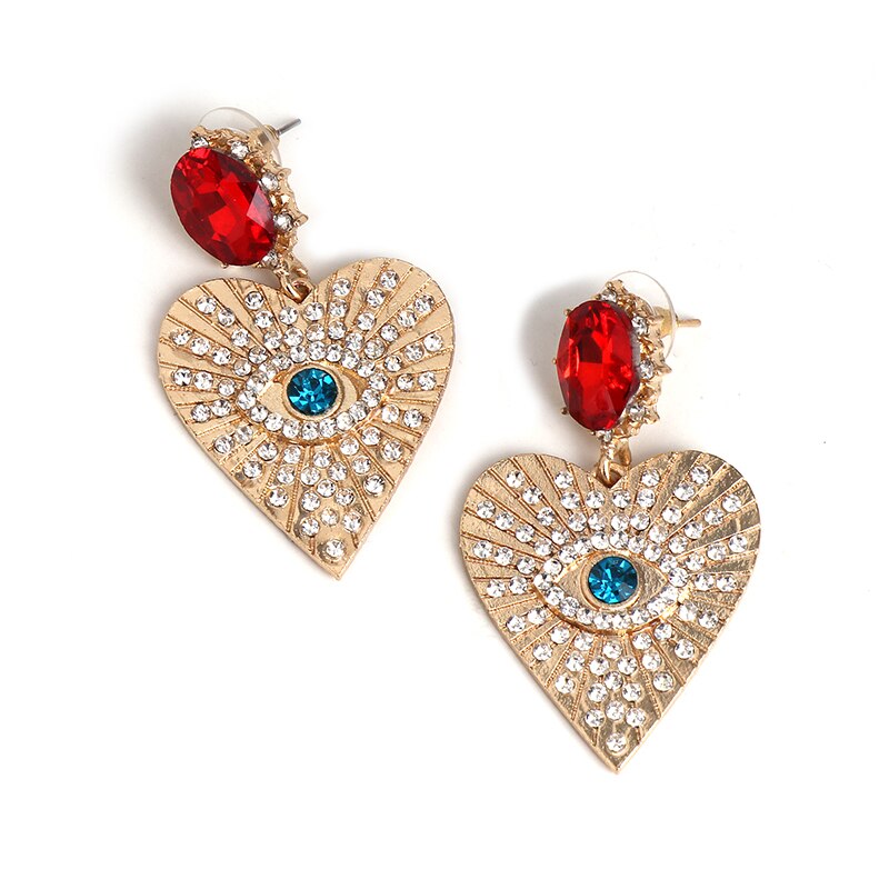 Juran Gold Eye Goth Exaggerated Heart Hanging Dangle Earrings Rhinestone