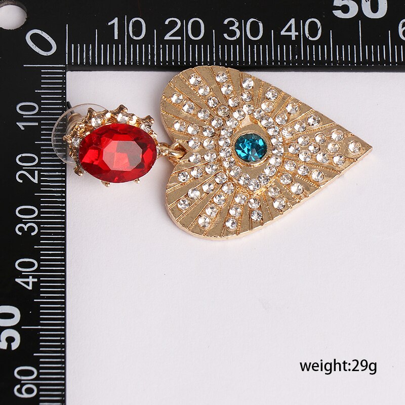 Juran Gold Eye Goth Exaggerated Heart Hanging Dangle Earrings Rhinestone