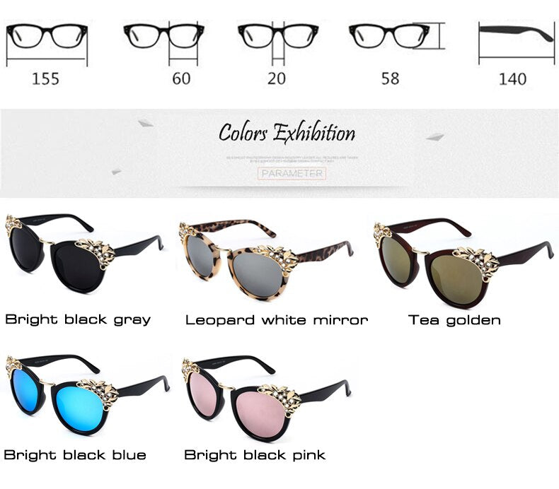 Fashion Luxury Rhinestone Cat Eye Sunglasses for Women Mirror Lens