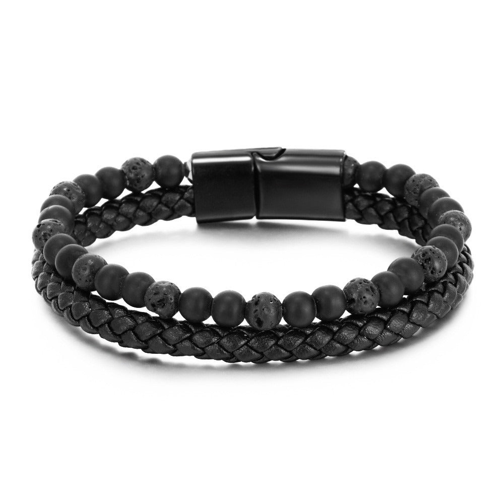Volcanic Natural Stone Tiger Eye Beaded Bracelet Male Cowhide Rope Agate