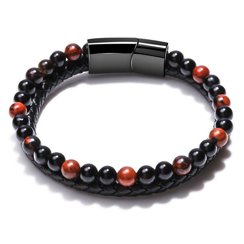 Volcanic Natural Stone Tiger Eye Beaded Bracelet Male Cowhide Rope Agate