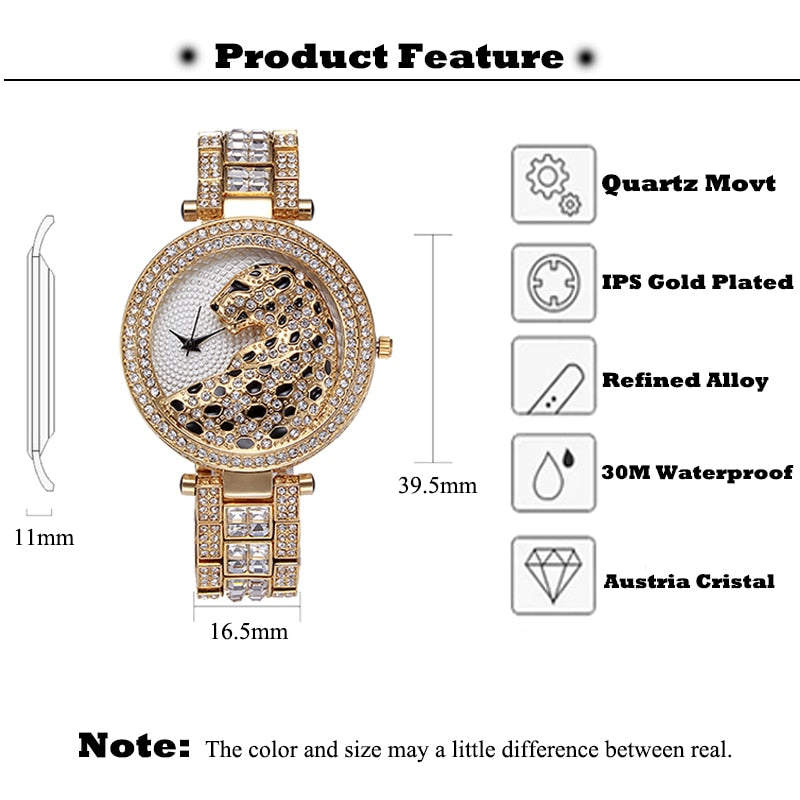 Diamond Leopard Crystal Quartz Gold Watch  For Women