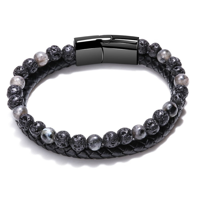 Volcanic Natural Stone Tiger Eye Beaded Bracelet Male Cowhide Rope Agate