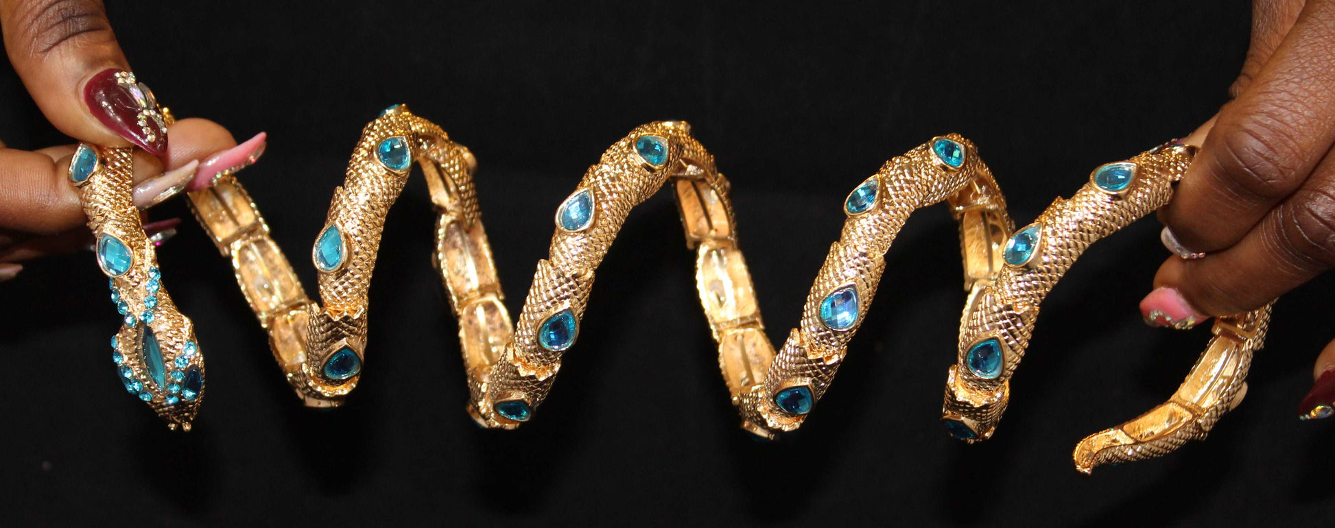 Snake Bracelet w/ Gold Light Blue Stones