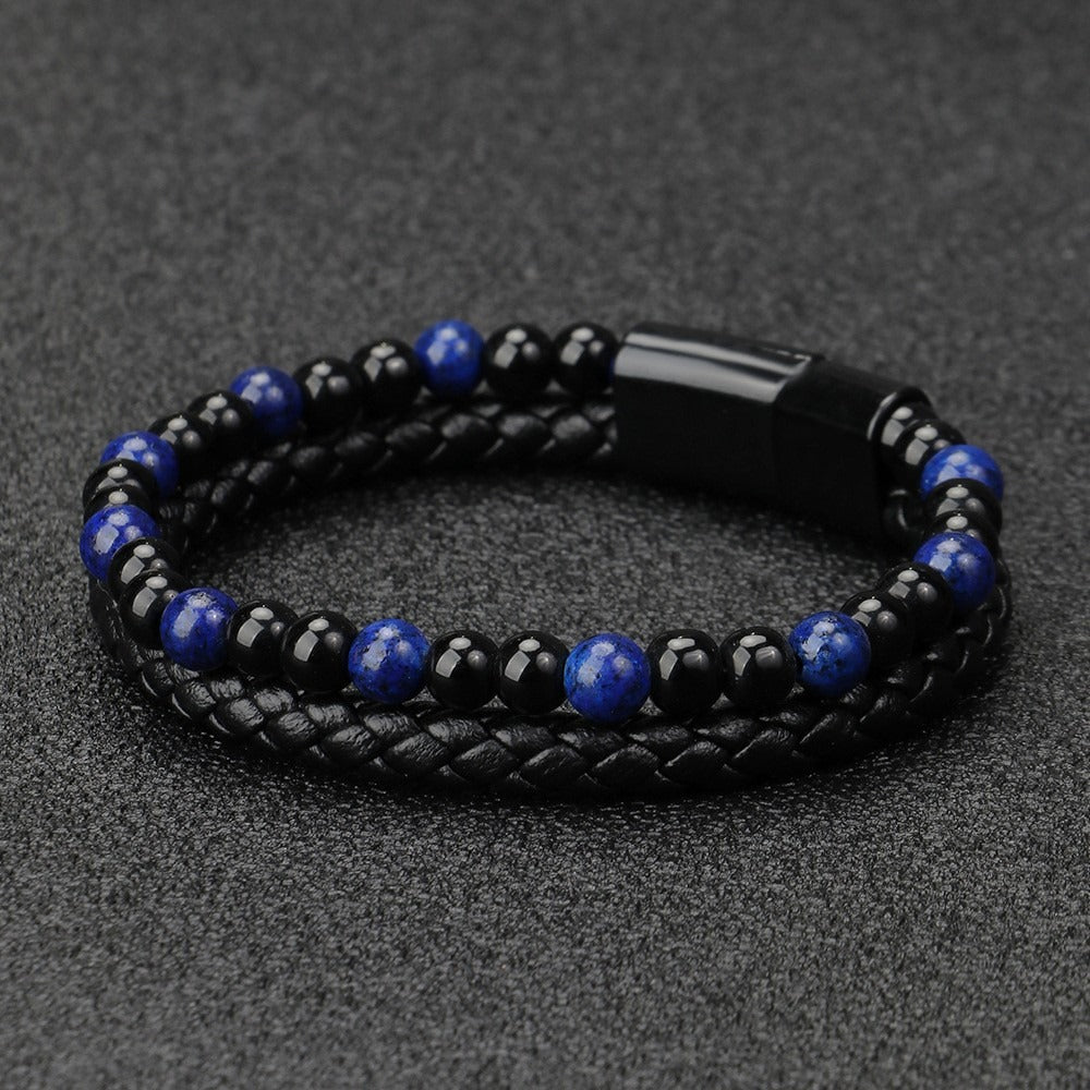 Volcanic Natural Stone Tiger Eye Beaded Bracelet Male Cowhide Rope Agate