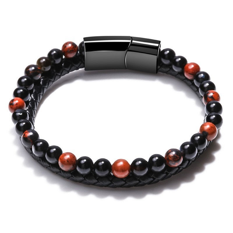 Volcanic Natural Stone Tiger Eye Beaded Bracelet Male Cowhide Rope Agate