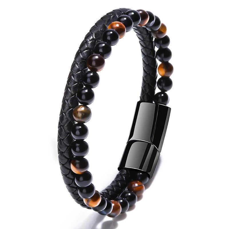Volcanic Natural Stone Tiger Eye Beaded Bracelet Male Cowhide Rope Agate