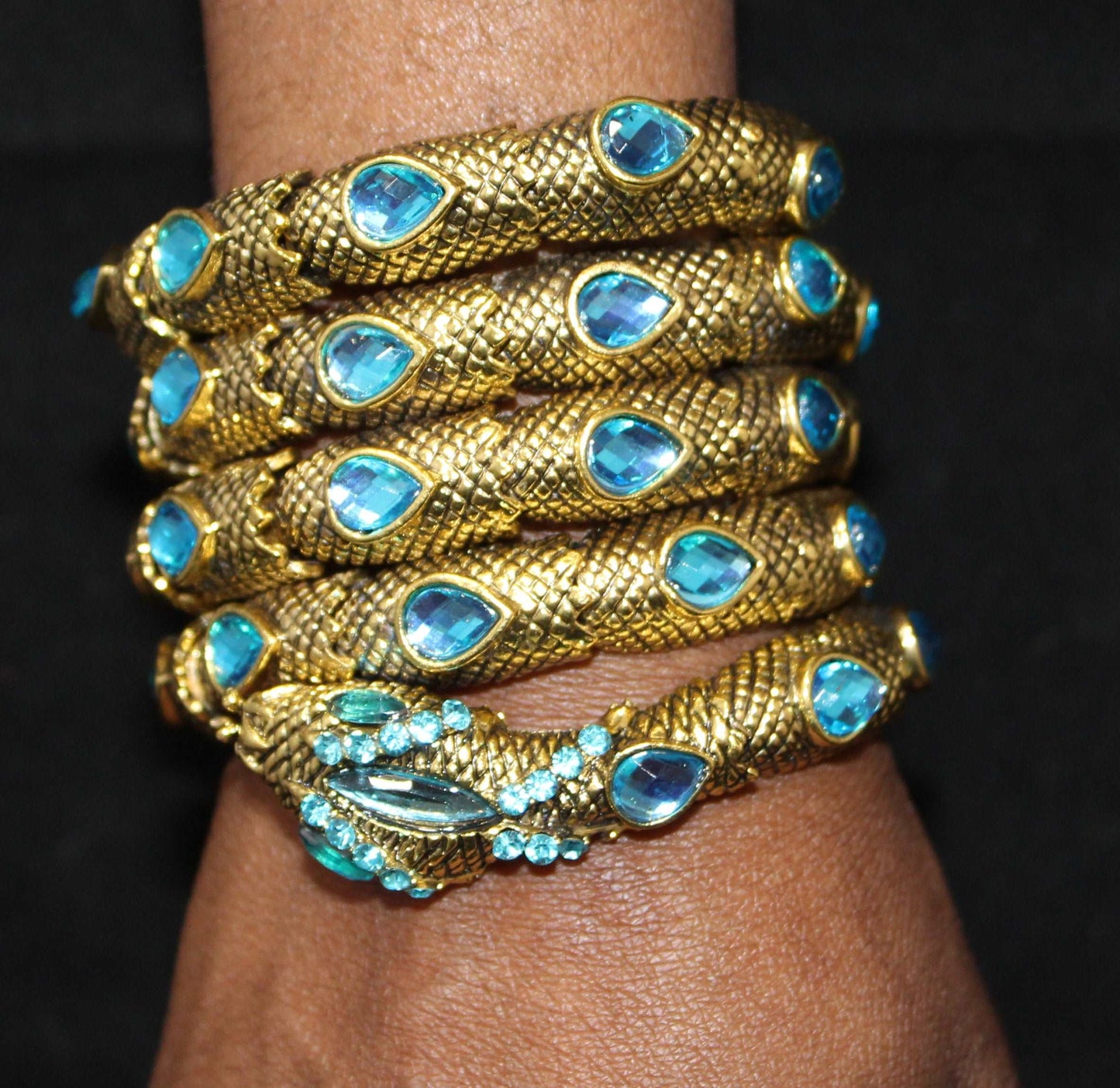 Snake Bracelet w/ Dark Gold Light Blue Stones