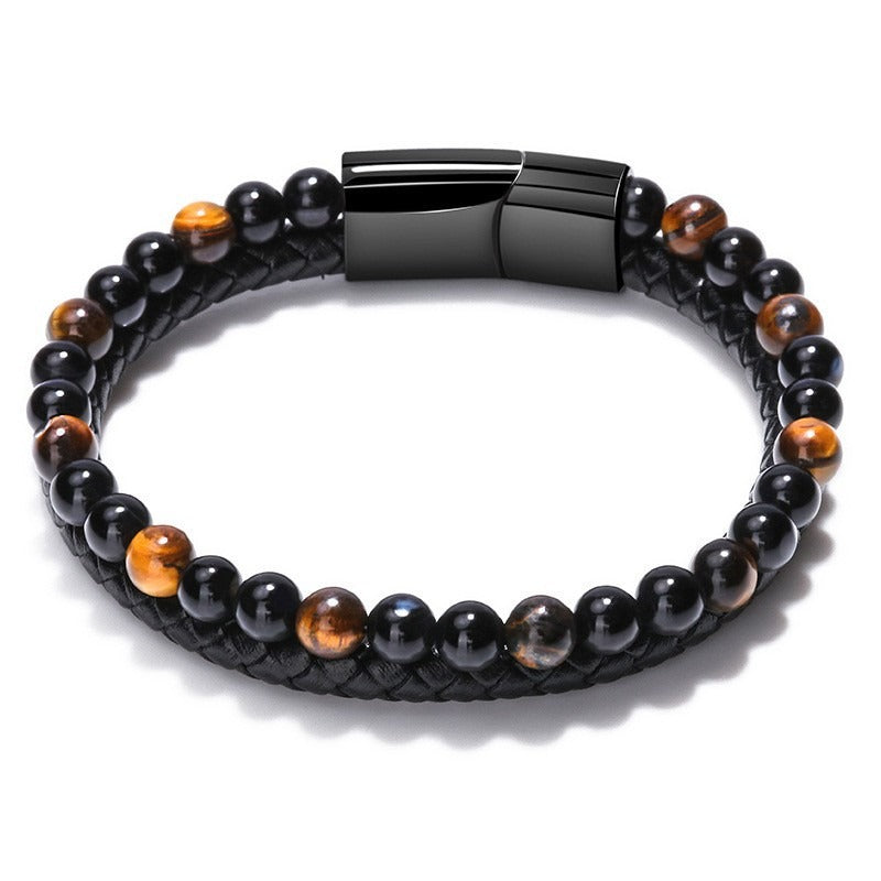 Volcanic Natural Stone Tiger Eye Beaded Bracelet Male Cowhide Rope Agate