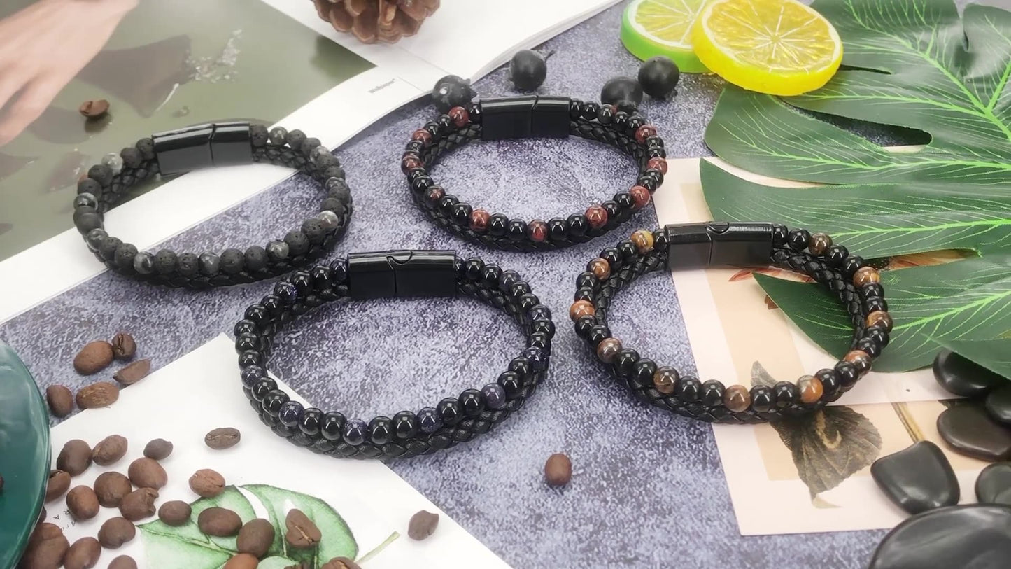 Volcanic Natural Stone Tiger Eye Beaded Bracelet Male Cowhide Rope Agate