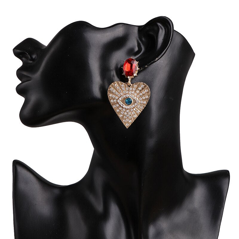 Juran Gold Eye Goth Exaggerated Heart Hanging Dangle Earrings Rhinestone