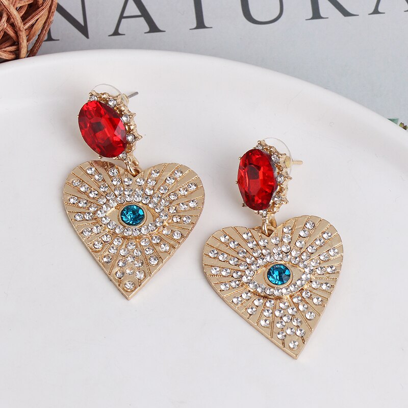 Juran Gold Eye Goth Exaggerated Heart Hanging Dangle Earrings Rhinestone