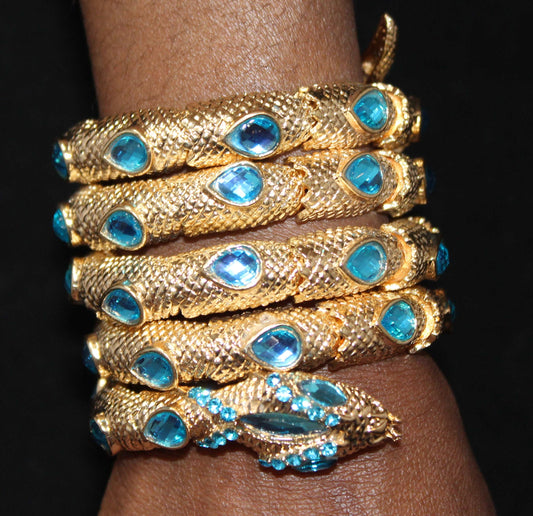Snake Bracelet w/ Gold Light Blue Stones