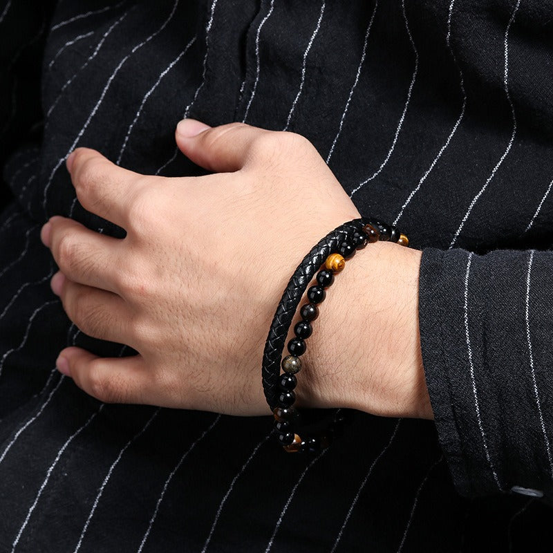 Volcanic Natural Stone Tiger Eye Beaded Bracelet Male Cowhide Rope Agate
