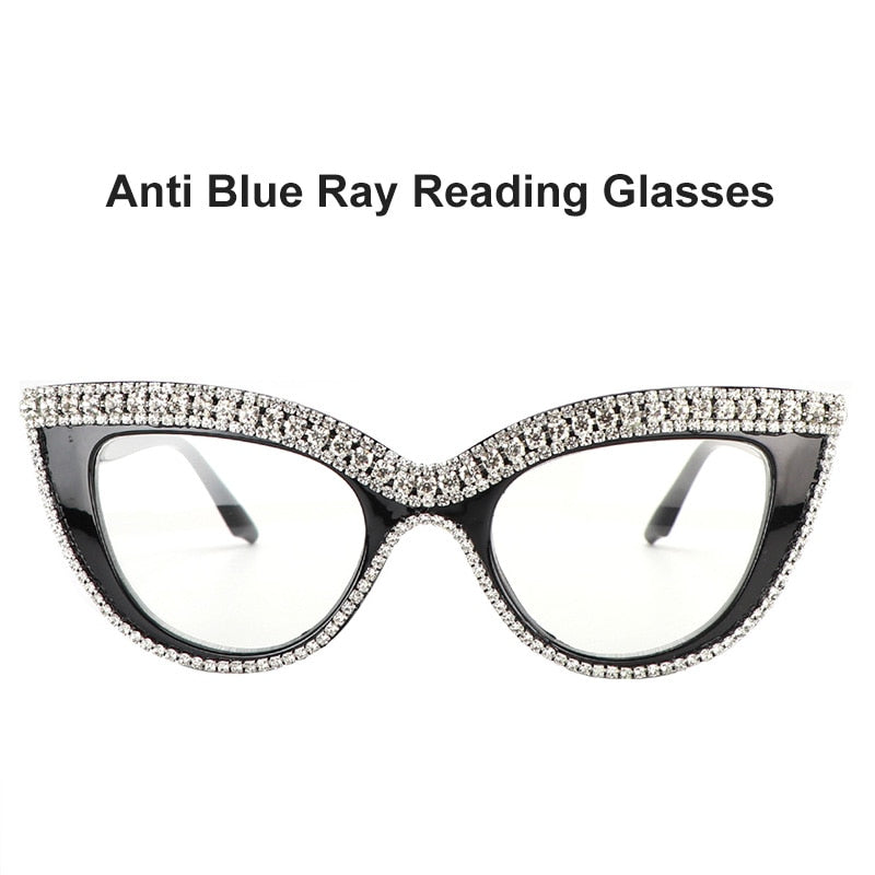 Fashion Anti Blue Ray Reading Glasses Cat Eye Rhinestone Trim  From  +100  To +400