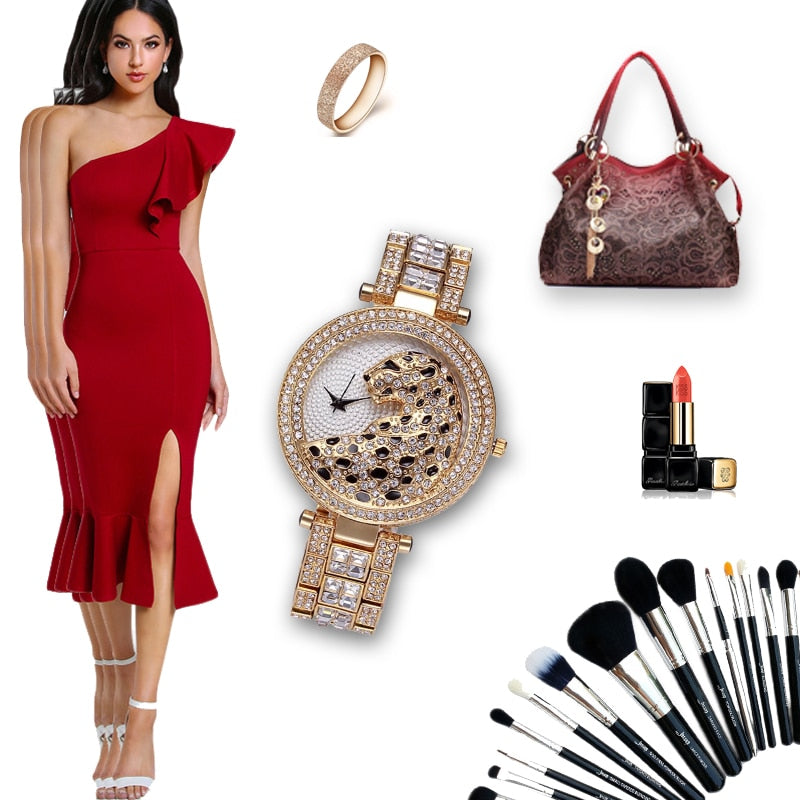 Diamond Leopard Crystal Quartz Gold Watch  For Women