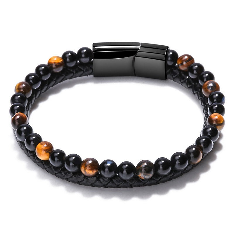 Volcanic Natural Stone Tiger Eye Beaded Bracelet Male Cowhide Rope Agate