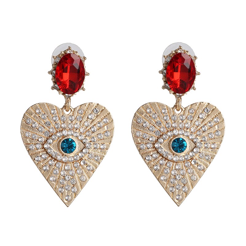Juran Gold Eye Goth Exaggerated Heart Hanging Dangle Earrings Rhinestone