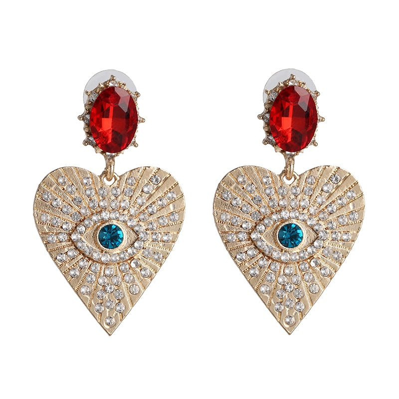 Juran Gold Eye Goth Exaggerated Heart Hanging Dangle Earrings Rhinestone