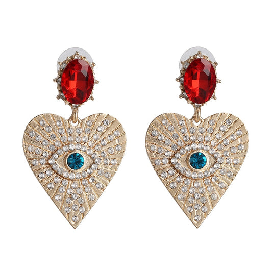 Juran Gold Eye Goth Exaggerated Heart Hanging Dangle Earrings Rhinestone