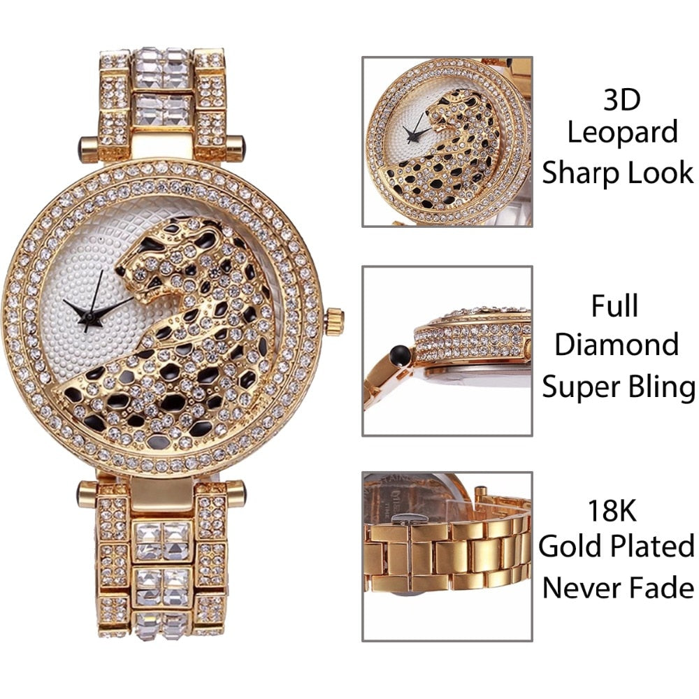 Diamond Leopard Crystal Quartz Gold Watch  For Women