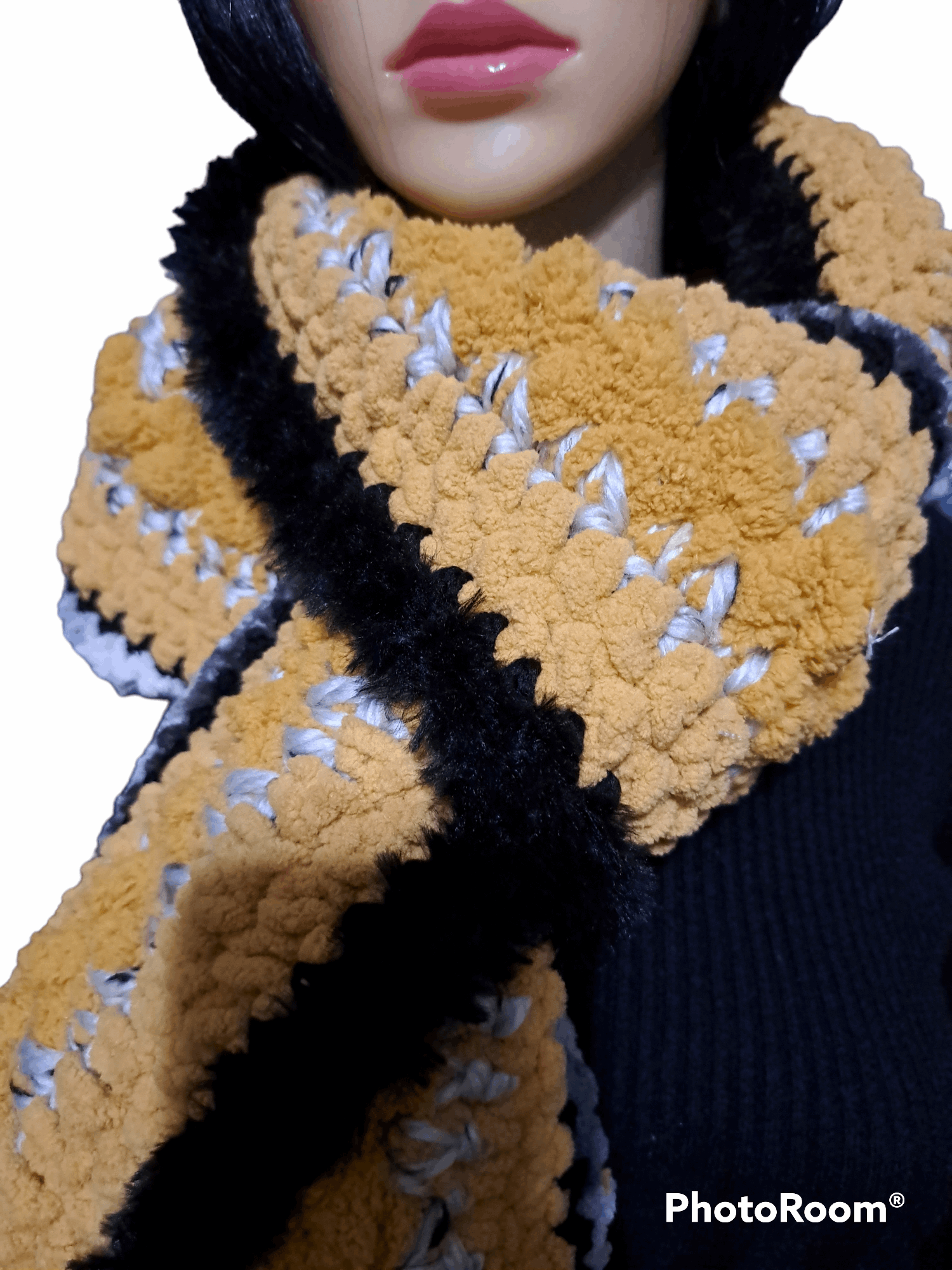 Eloquent Mustard, Black, Cream Hand Crochet Hat & Scarf Set With Faux Fur