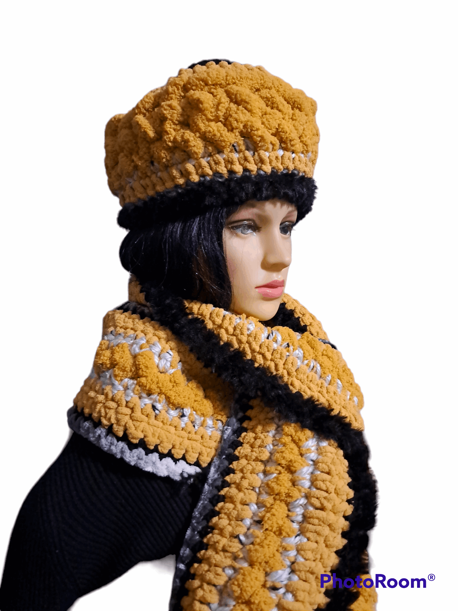 Eloquent Mustard, Black, Cream Hand Crochet Hat & Scarf Set With Faux Fur