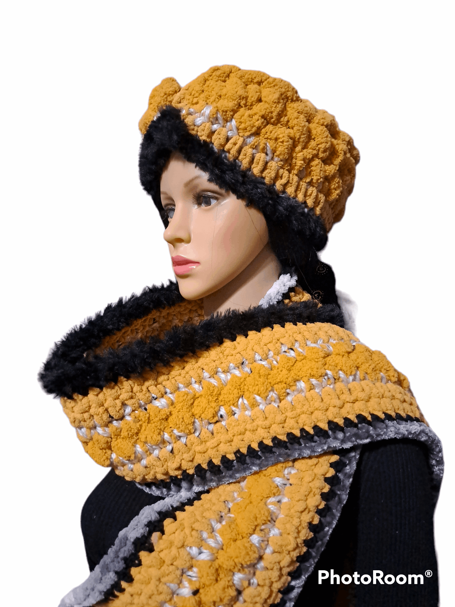 Eloquent Mustard, Black, Cream Hand Crochet Hat & Scarf Set With Faux Fur