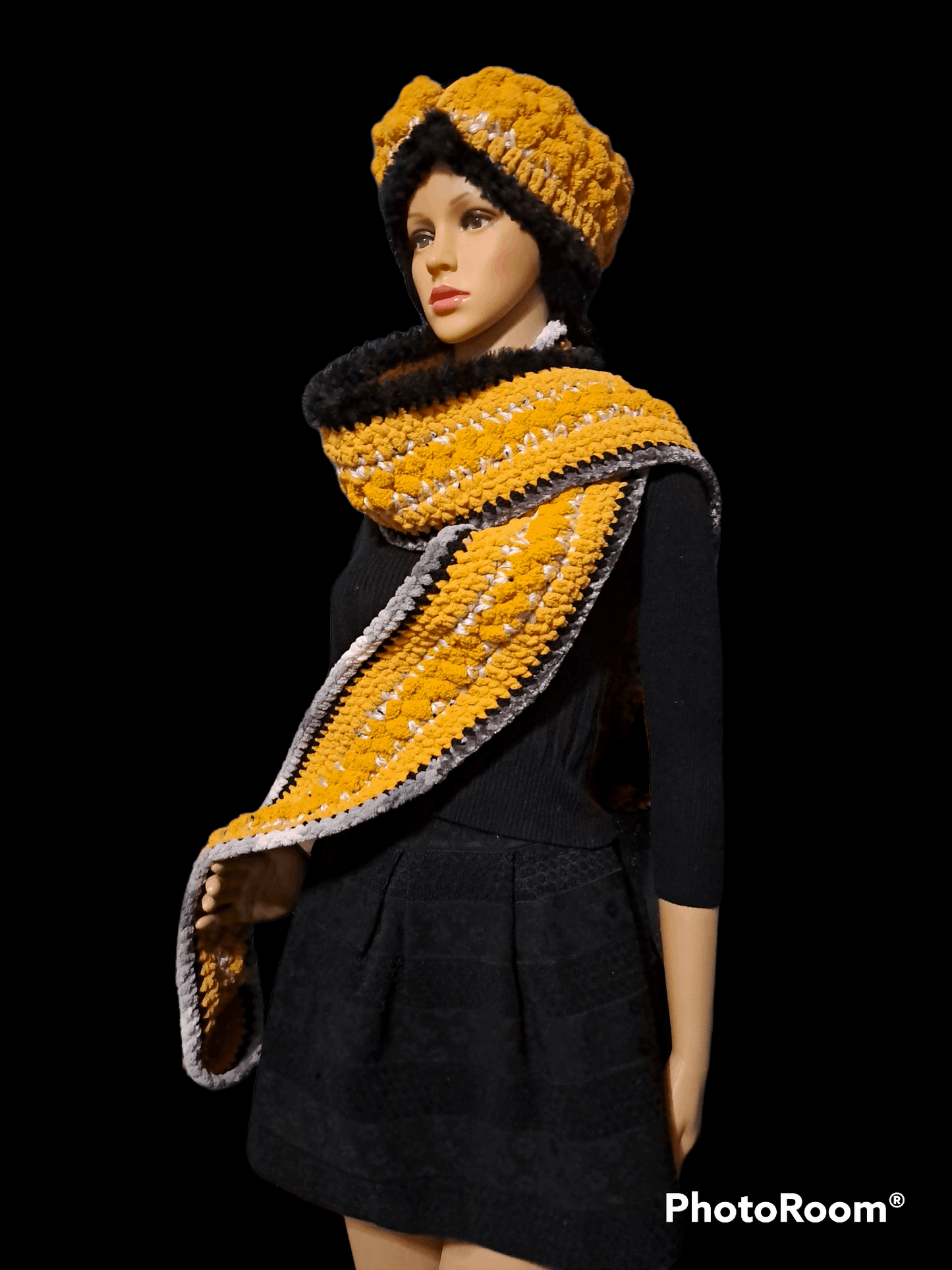 Eloquent Mustard, Black, Cream Hand Crochet Hat & Scarf Set With Faux Fur