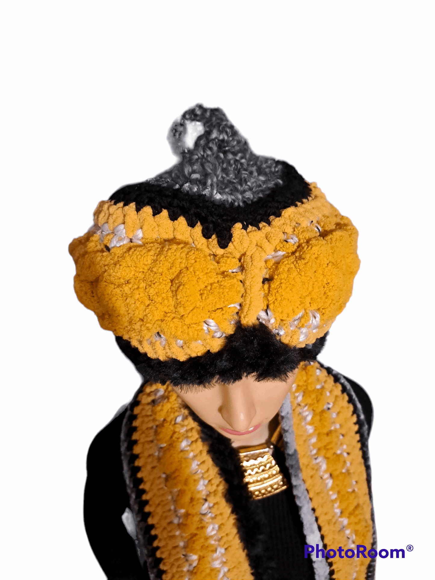 Eloquent Mustard, Black, Cream Hand Crochet Hat & Scarf Set With Faux Fur