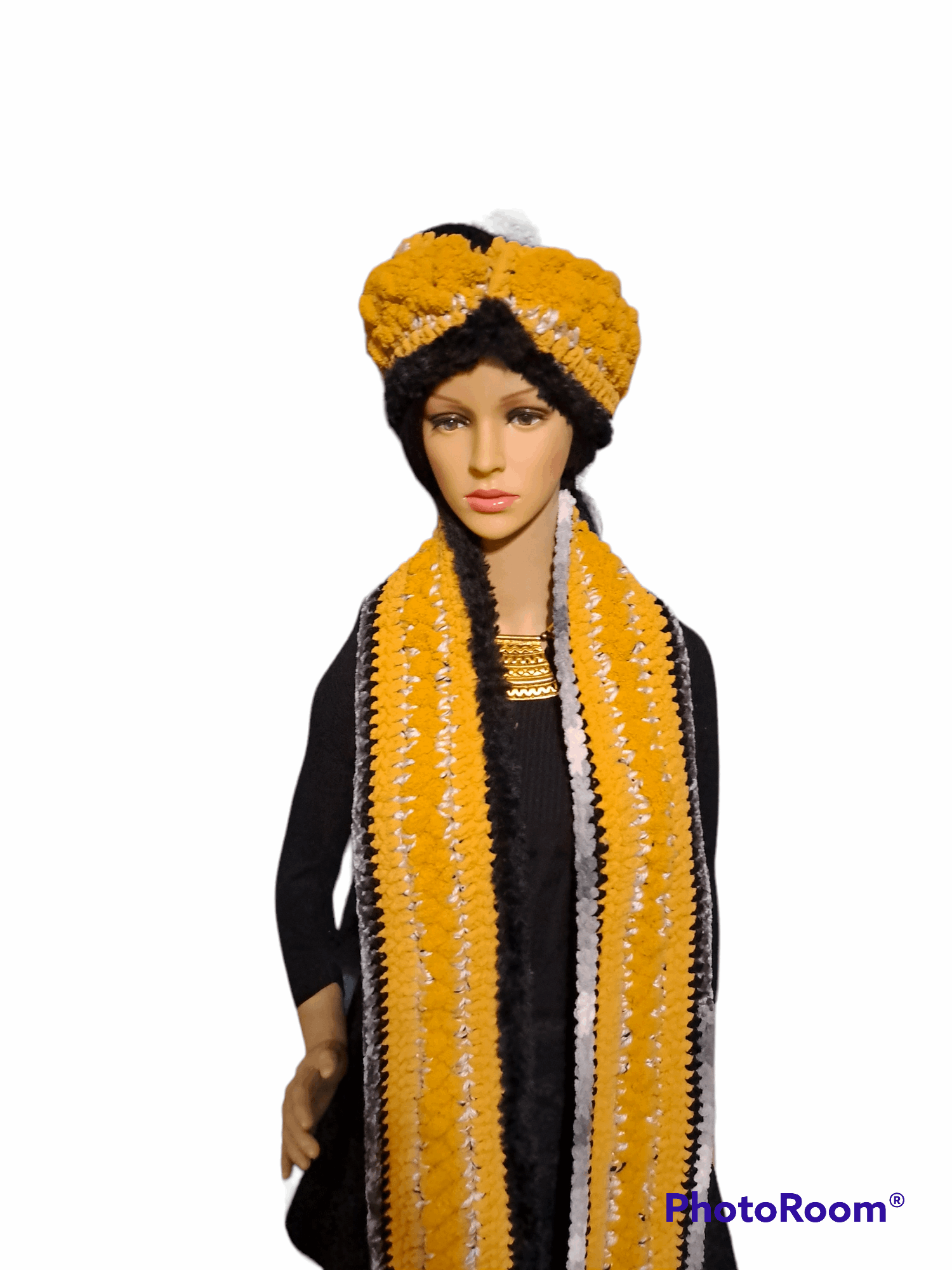 Eloquent Mustard, Black, Cream Hand Crochet Hat & Scarf Set With Faux Fur