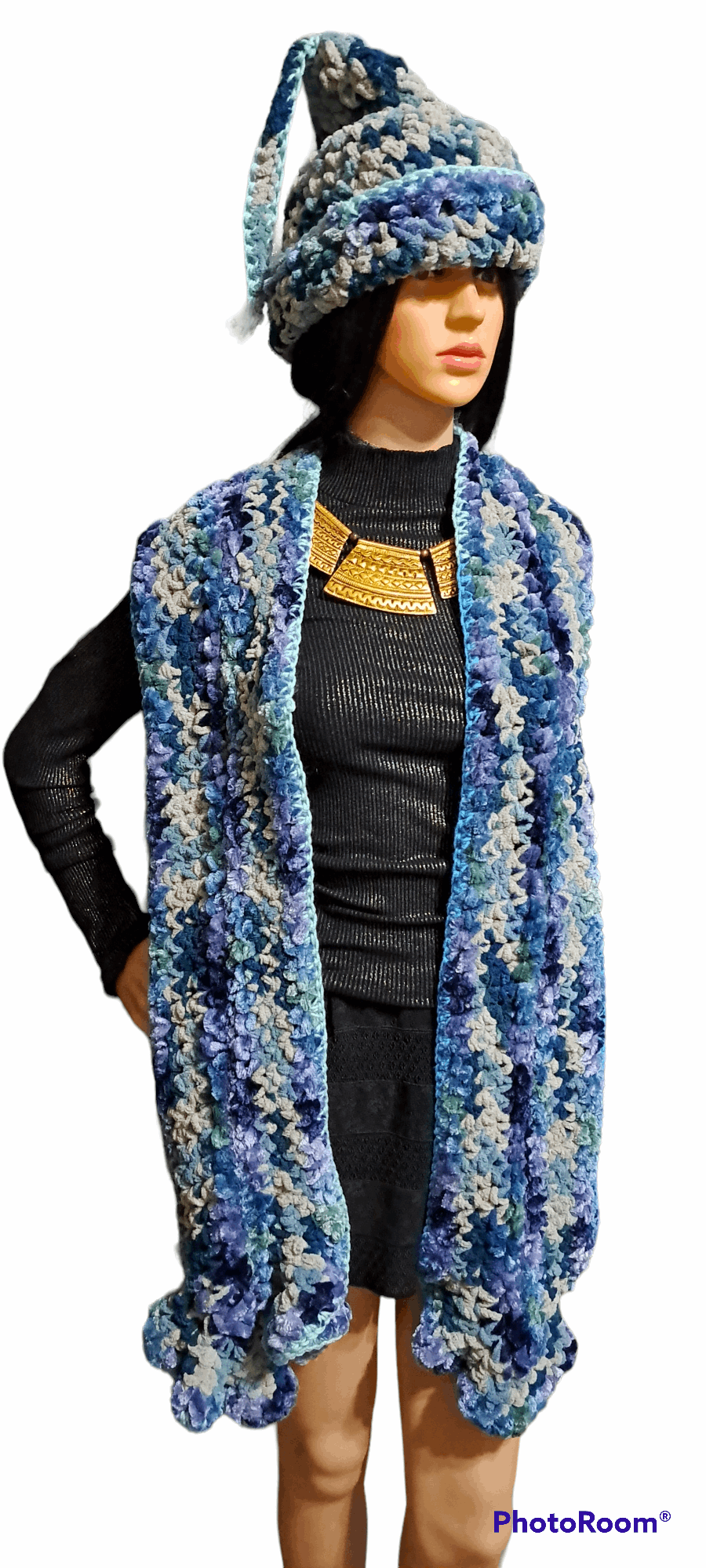 Covert Sexy Variegated Blue, Green, Tan Green & Black  Hat & Scarf Set