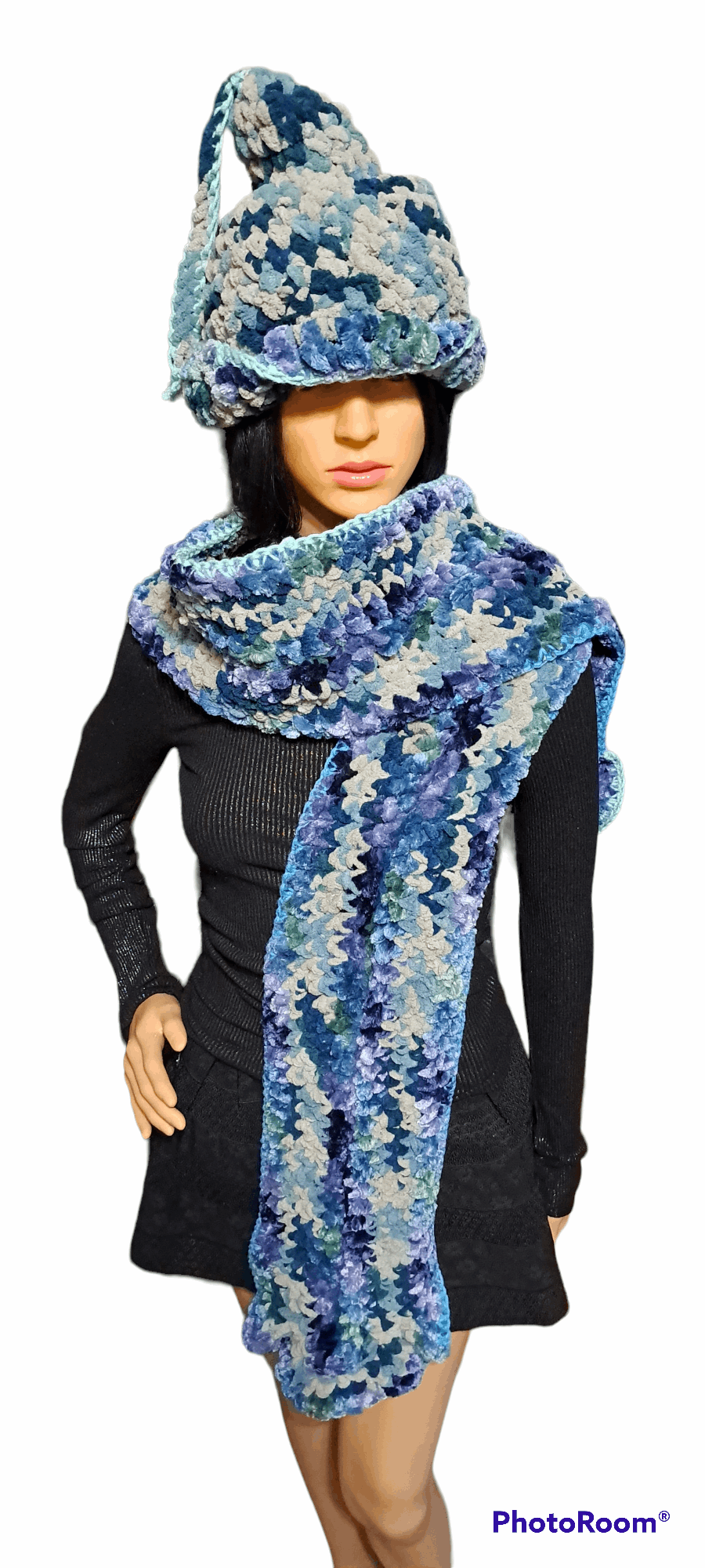 Covert Sexy Variegated Blue, Green, Tan Green & Black  Hat & Scarf Set