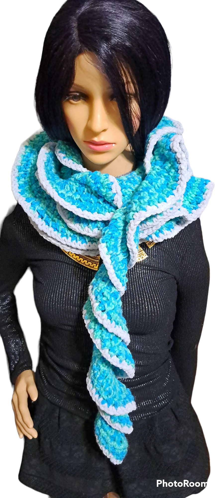 Baby blue and white handmade scarf