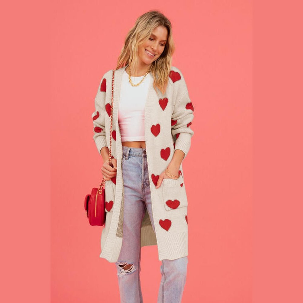 Heart Graphic Open Front Cardigan with Pockets