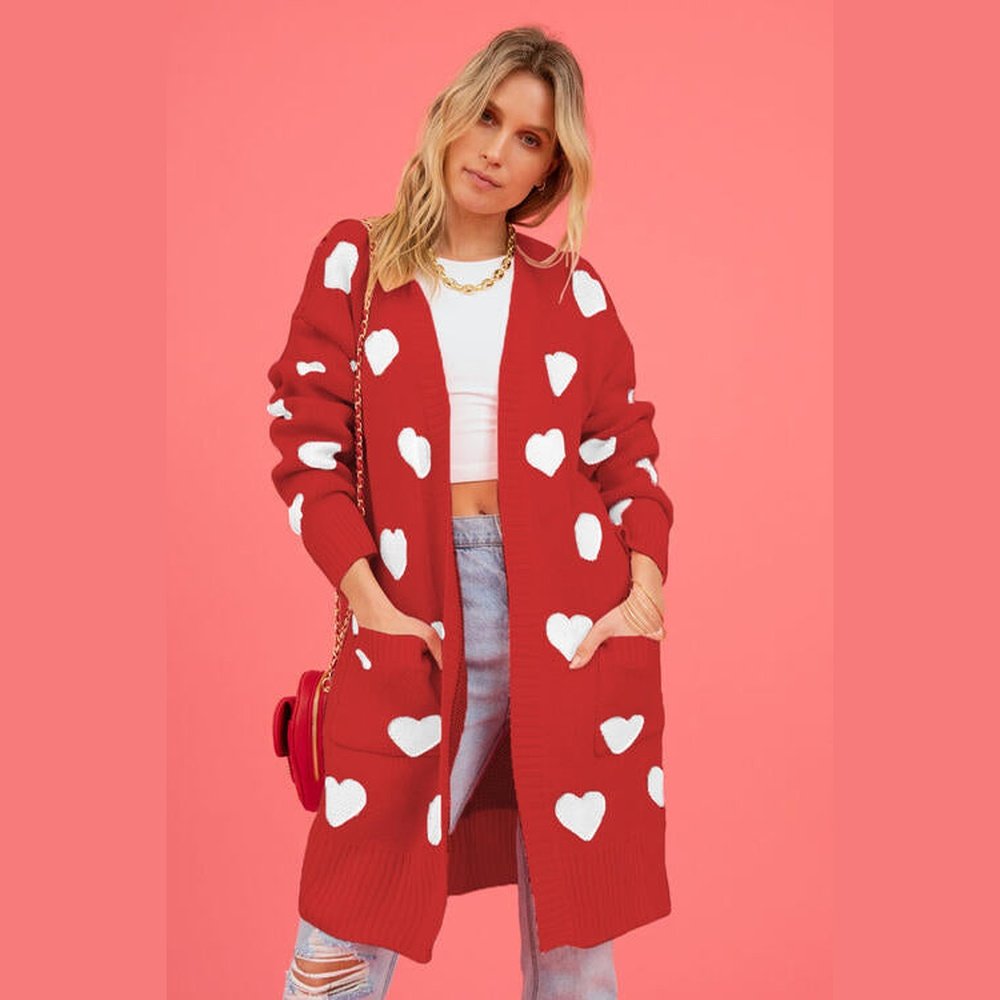 Heart Graphic Open Front Cardigan with Pockets