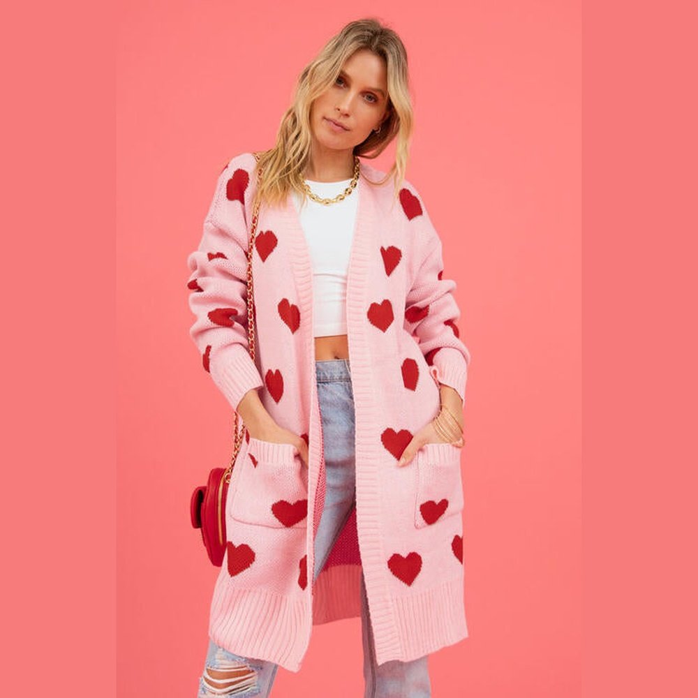 Heart Graphic Open Front Cardigan with Pockets