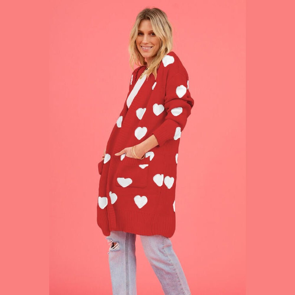 Heart Graphic Open Front Cardigan with Pockets