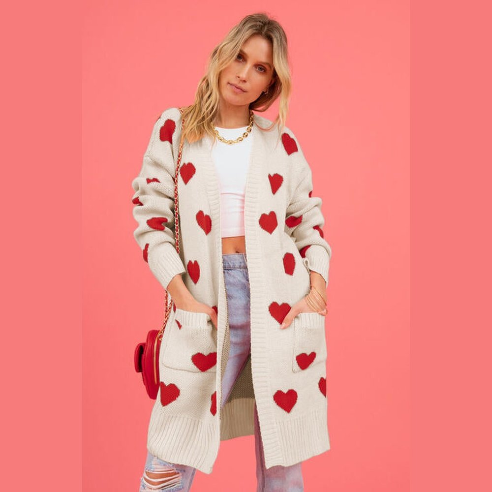 Heart Graphic Open Front Cardigan with Pockets