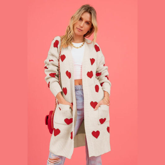 Heart Graphic Open Front Cardigan with Pockets