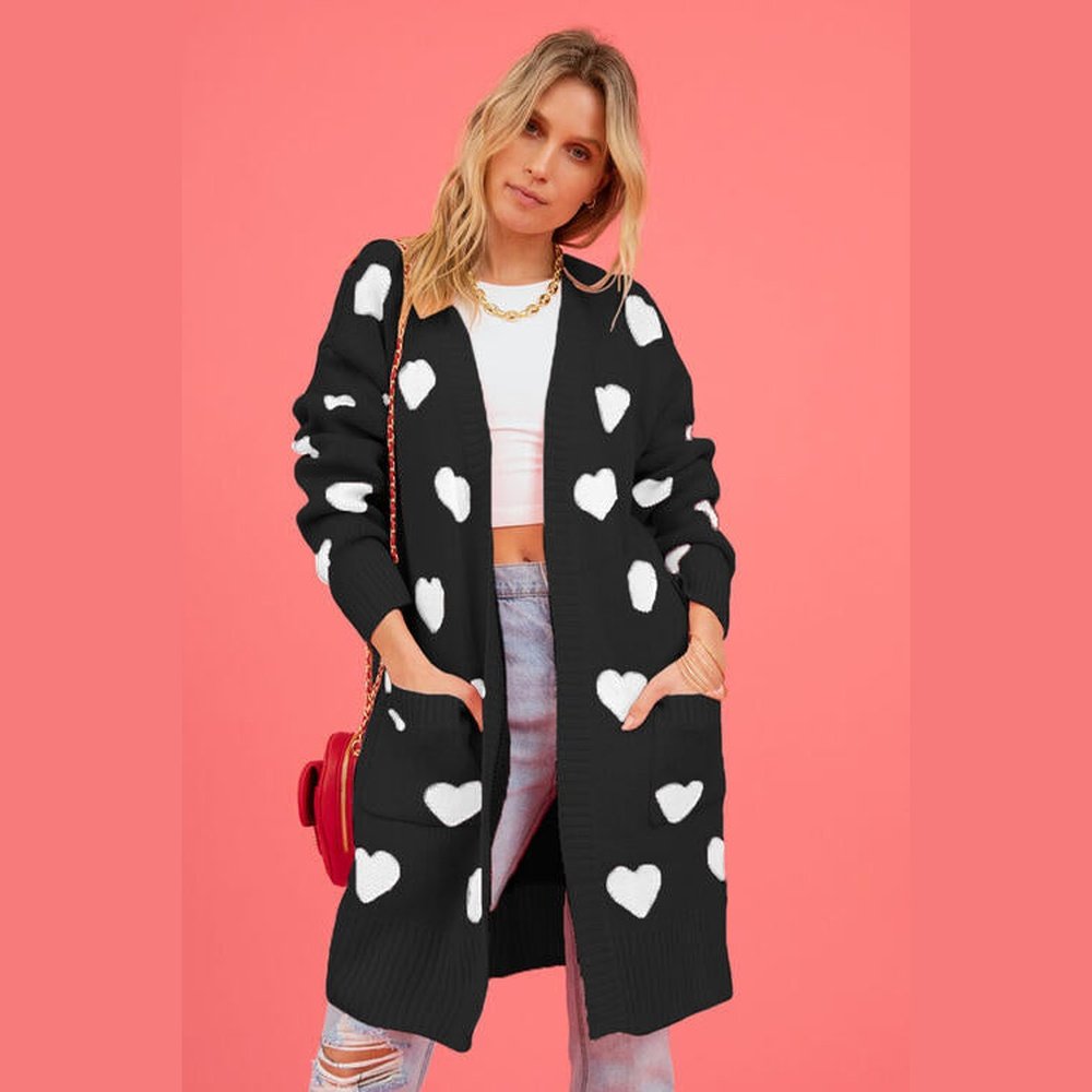 Heart Graphic Open Front Cardigan with Pockets