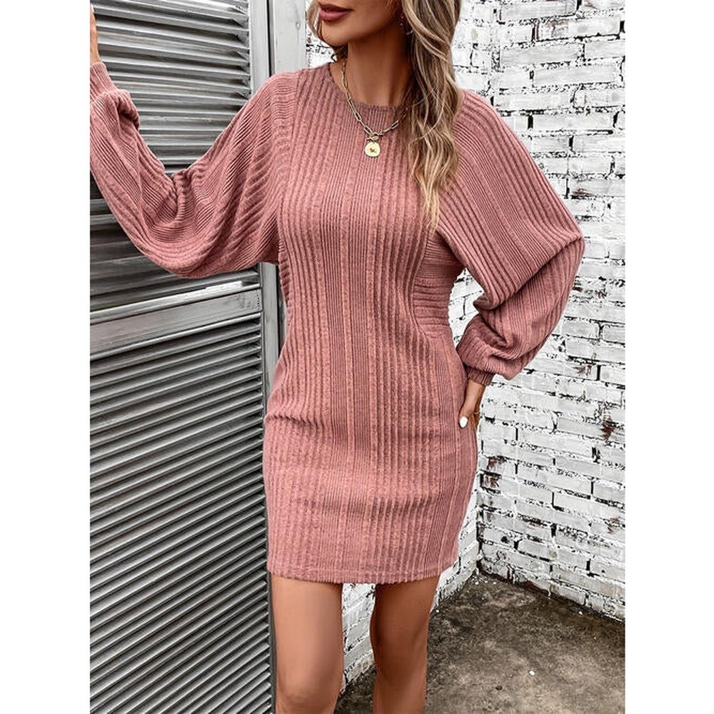 Ribbed Round Neck Long Sleeve Dress