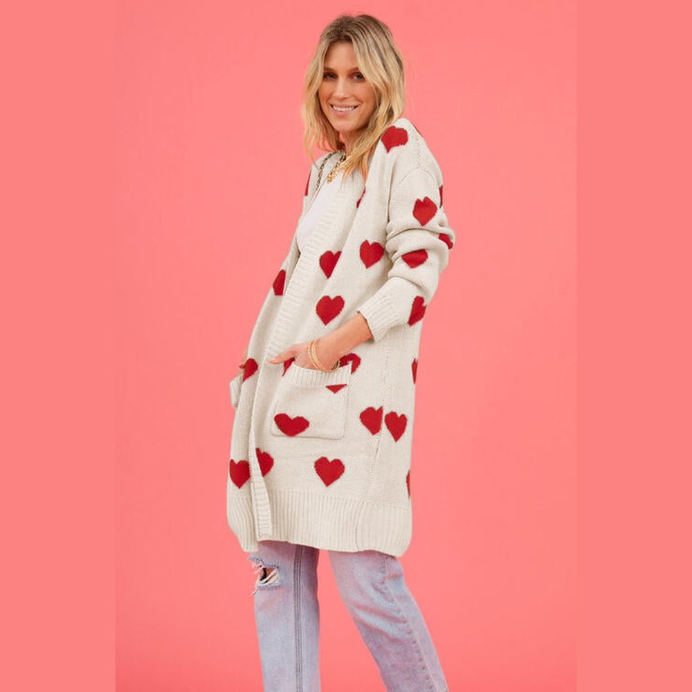 Heart Graphic Open Front Cardigan with Pockets